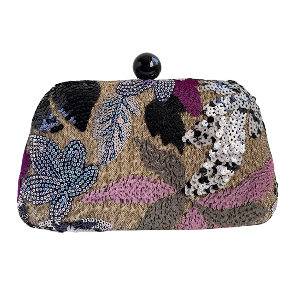 Bolsa Clutch Festa Palha Bordada Flores Preto Rosa