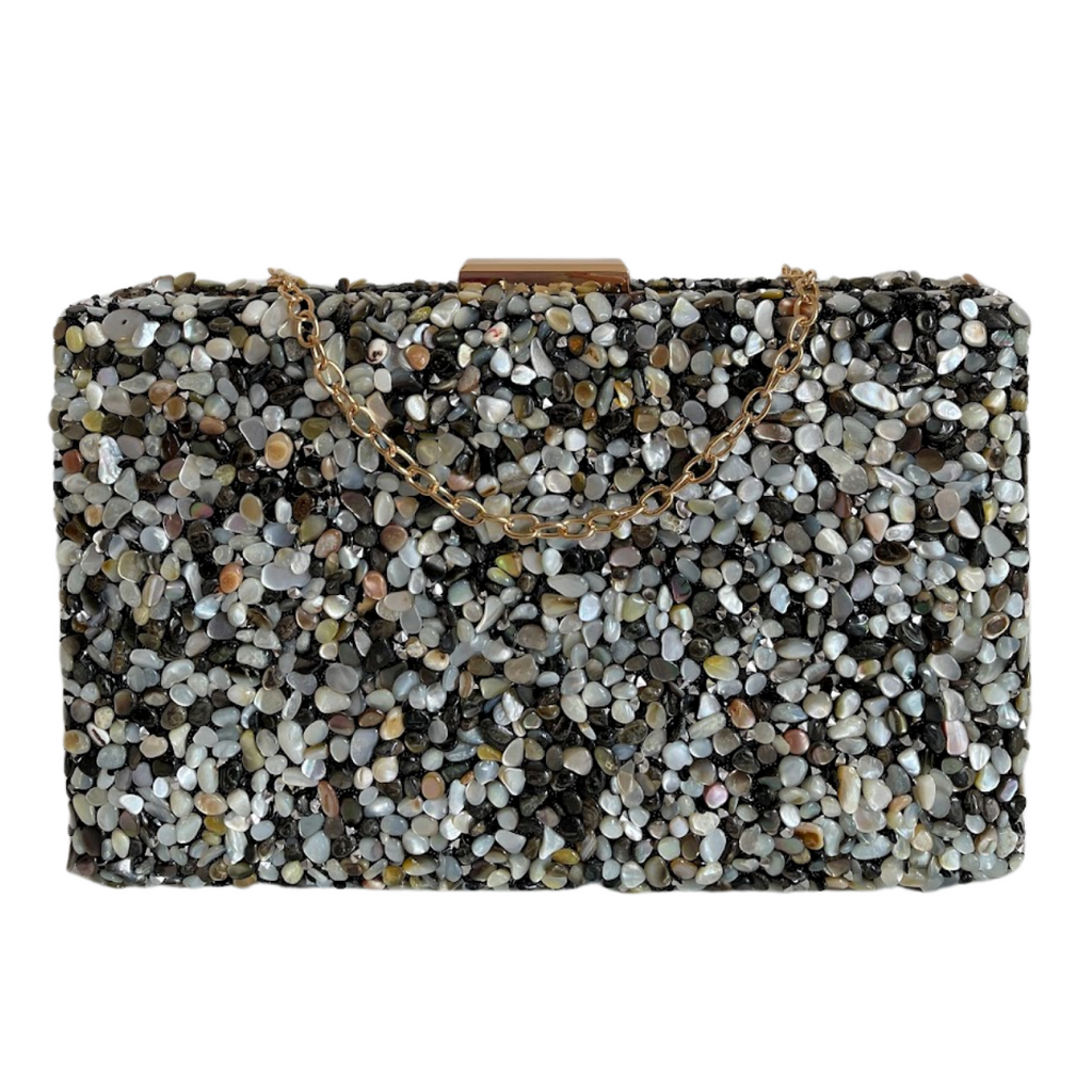 Bolsa de Festa Clutch Pedraria Preta e Branca