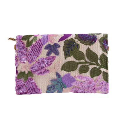 Bolsa Carteira Envelope de Bordada Paetê Floral Lilás