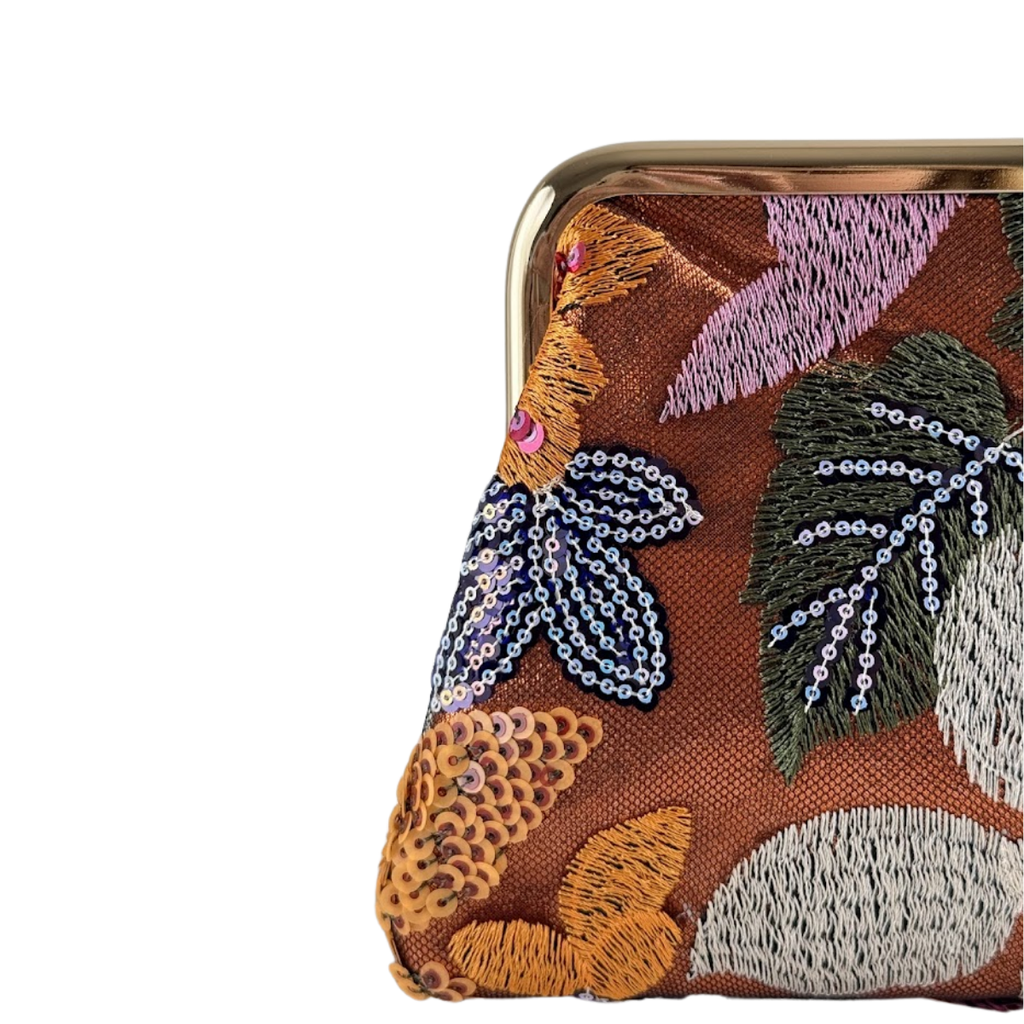 Bolsa Pouch Festa Clutch Flores Bordadas Laranja
