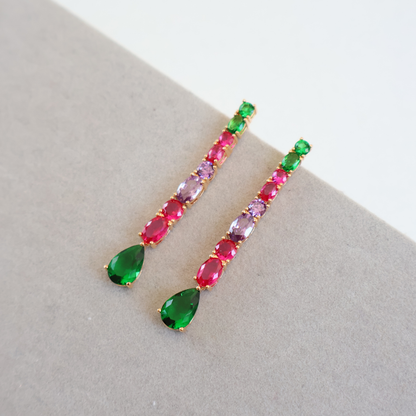 Brinco Dourado e Cristal Verde e Rosa - Semijoia