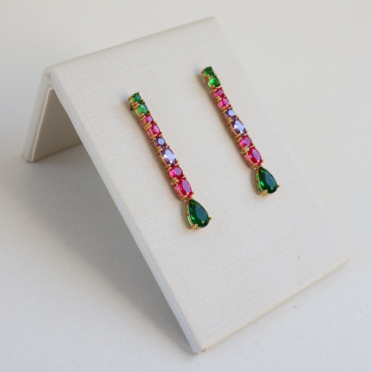Brinco Dourado e Cristal Verde e Rosa - Semijoia