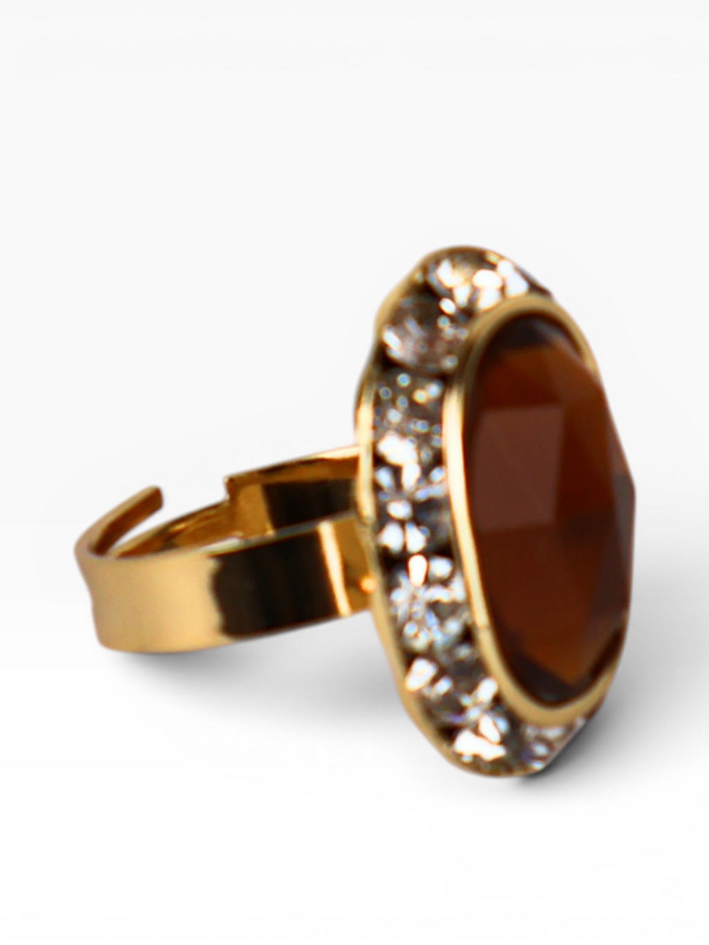 Anel Regulável Dourado e Cristal Marrom - Semijoia