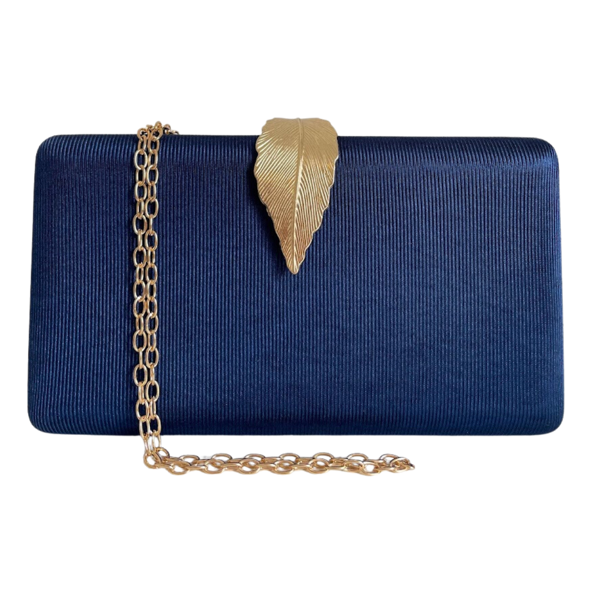 Bolsa Clutch Festa Tecido Fecho de Folha Azul Marinho