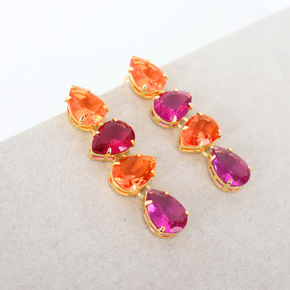 Brinco Dourado e Cristal Laranja e Rosa - Semijoia