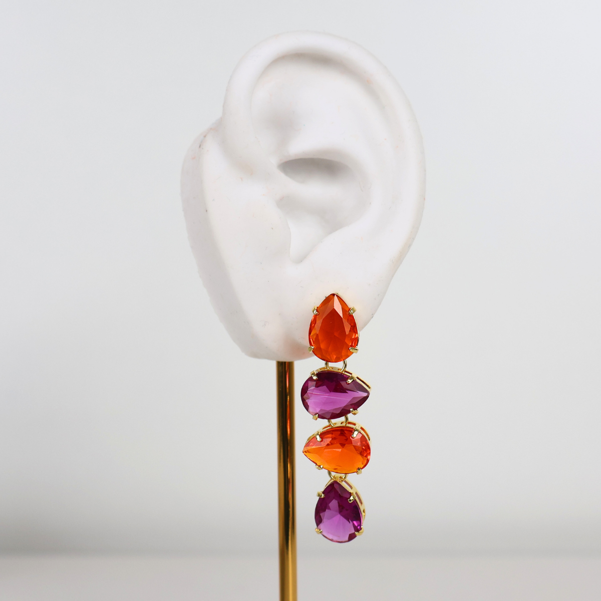 Brinco Dourado e Cristal Laranja e Rosa - Semijoia