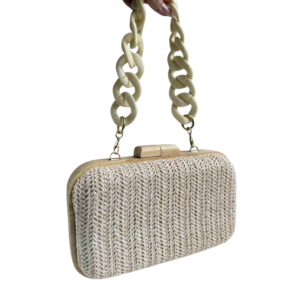 Bolsa de Festa Clutch Madeira e Palha Bege Claro