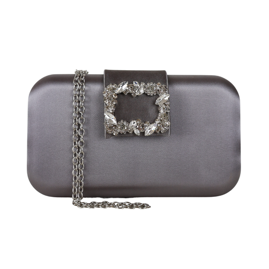 Bolsa Clutch Festa Cetim e Fecho de Pedraria Prata Escuro