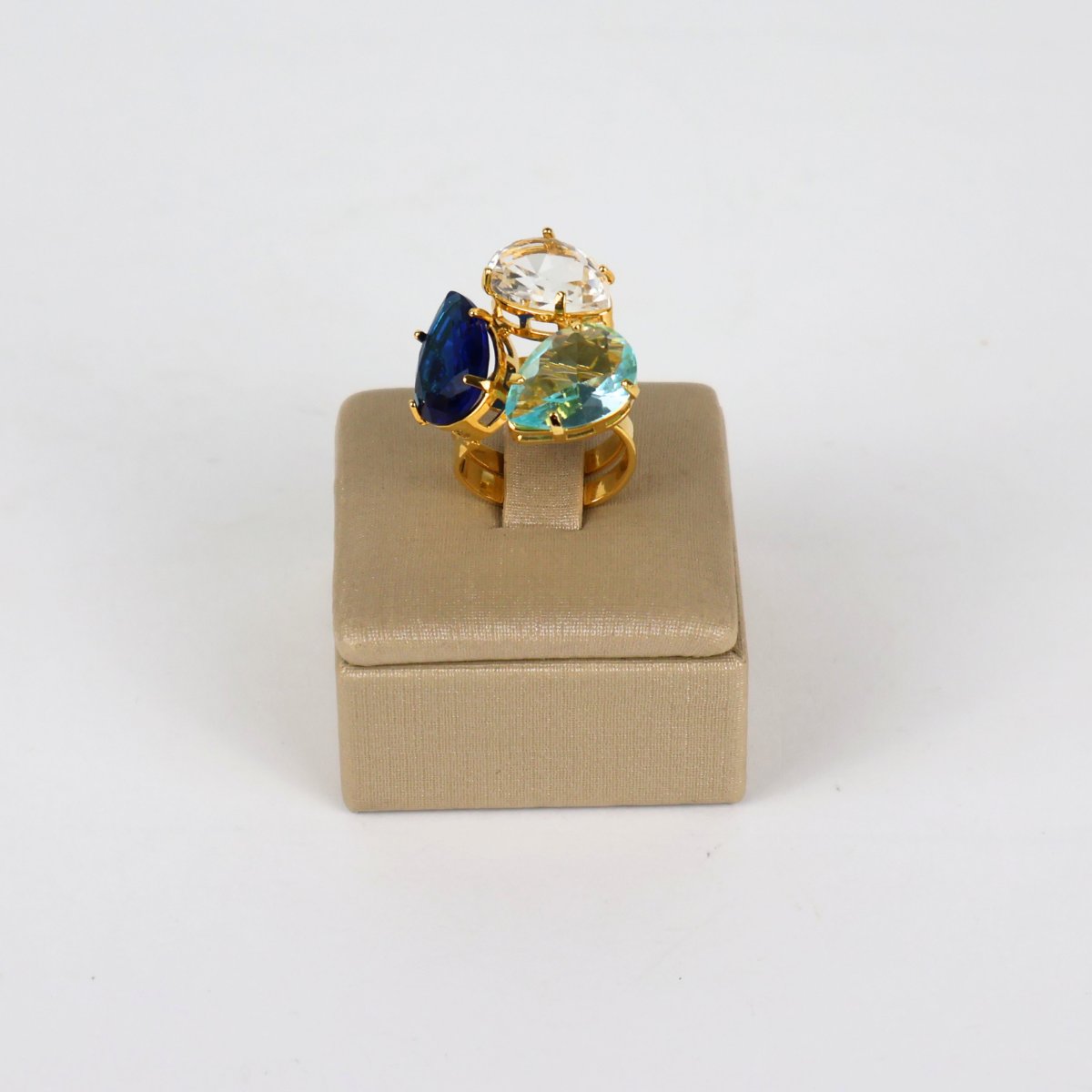 Anel Regulável Dourado e Cristal Azul - Semijoia