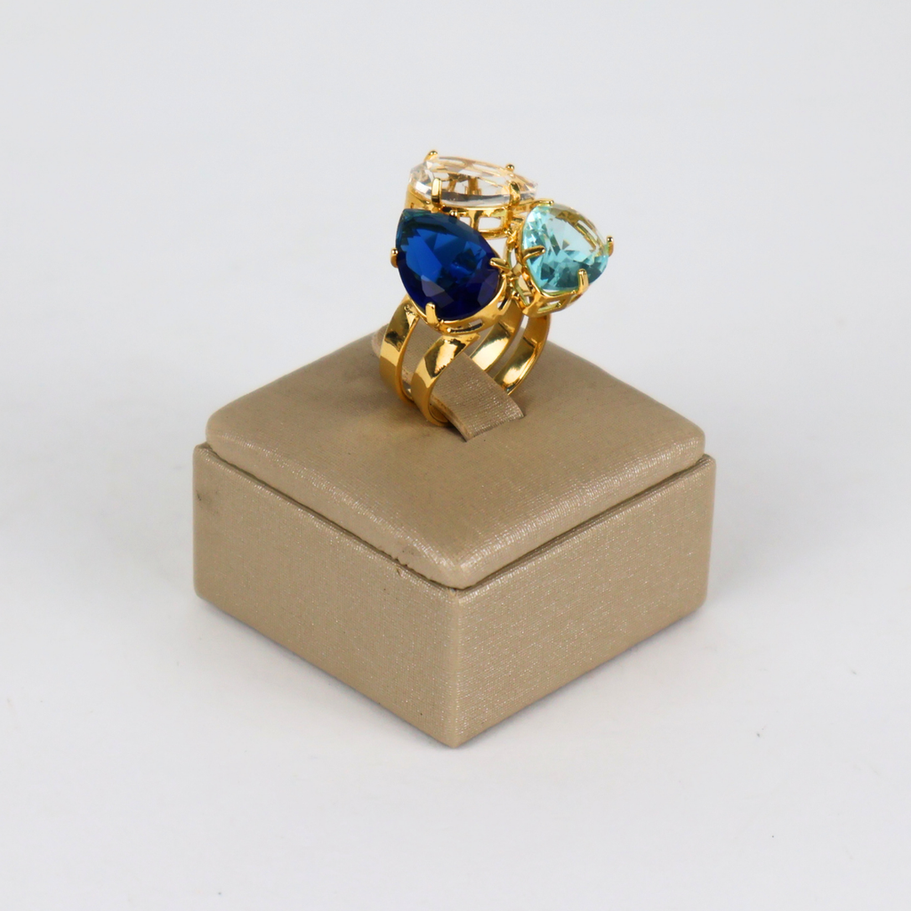 Anel Regulável Dourado e Cristal Azul - Semijoia