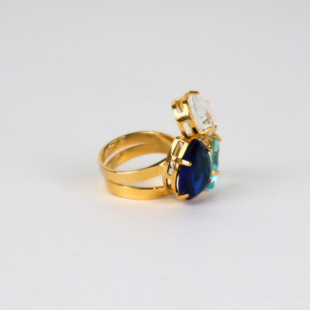 Anel Regulável Dourado e Cristal Azul - Semijoia