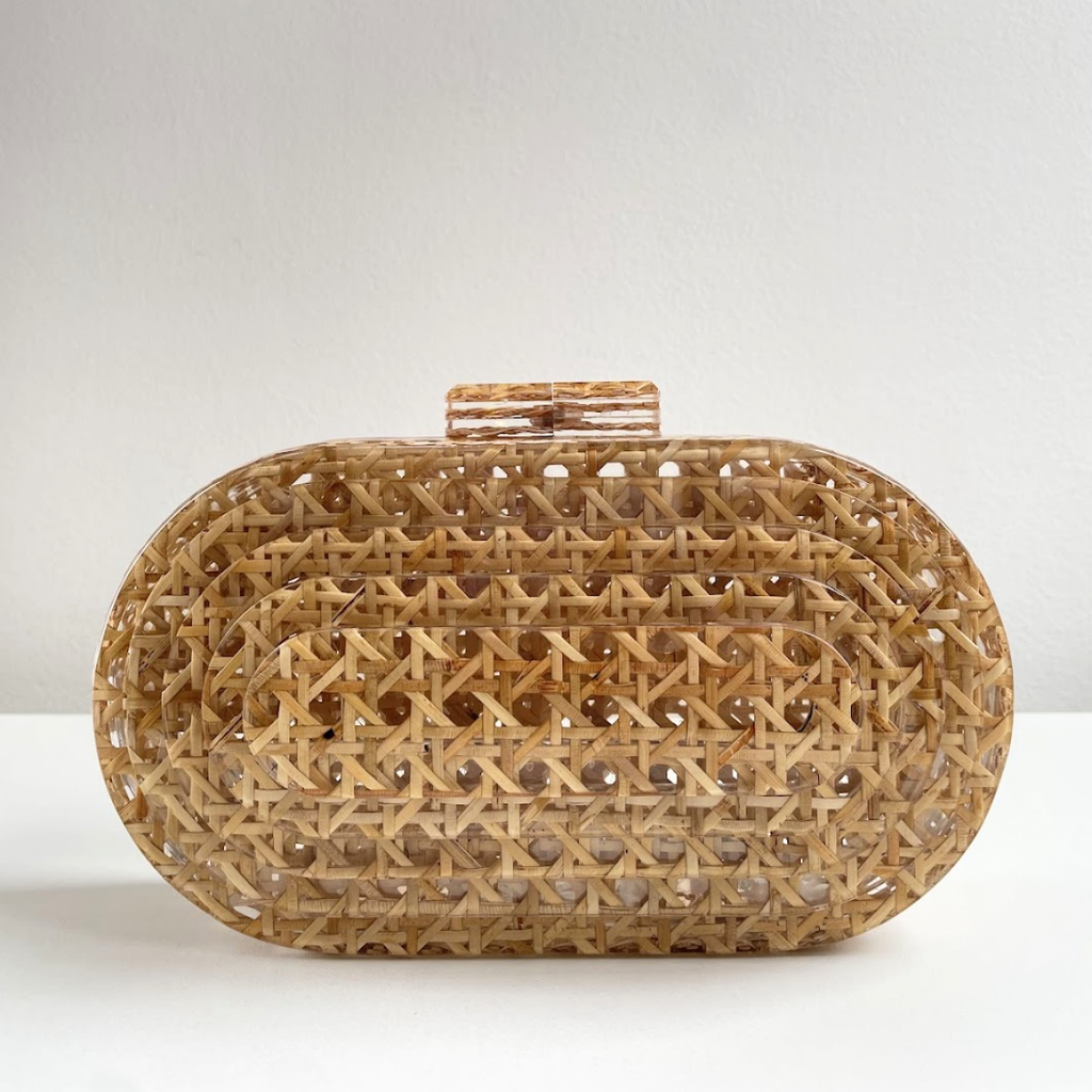 Bolsa Festa Clutch Oval Acrílico e Palha da Índia