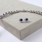 Kit Brinco e Colar - Ródio Branco - Cristal Azul - Semijoia