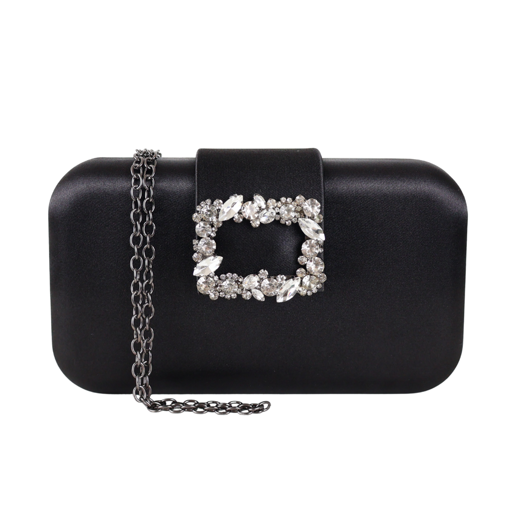 Bolsa Clutch Festa Cetim e Fecho de Pedraria Preta