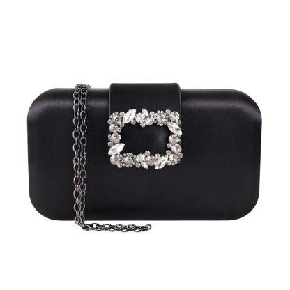 Bolsa Clutch Festa Cetim e Fecho de Pedraria Preta