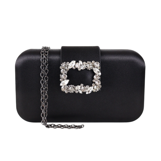Bolsa Clutch Festa Cetim e Fecho de Pedraria Preta