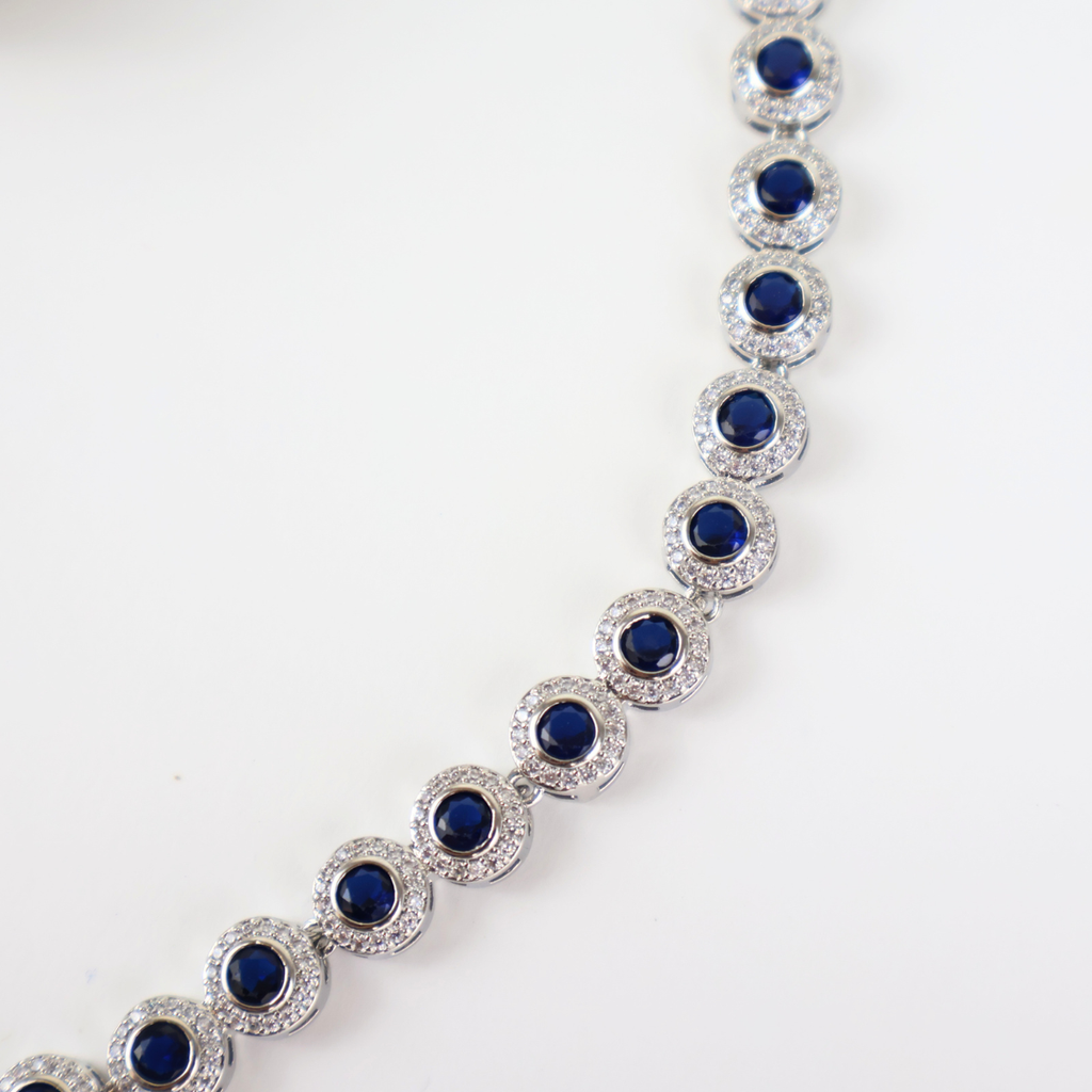 Kit Brinco e Colar - Ródio Branco - Cristal Azul - Semijoia