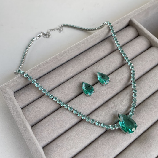 Kit colar e brinco - Verde Turquesa - Prateado