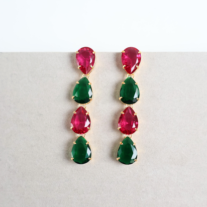 Brinco Dourado e Cristal Verde e Rosa - Semijoia