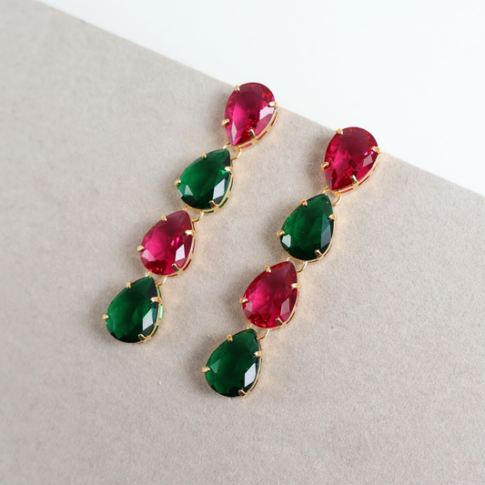 Brinco Dourado e Cristal Verde e Rosa - Semijoia