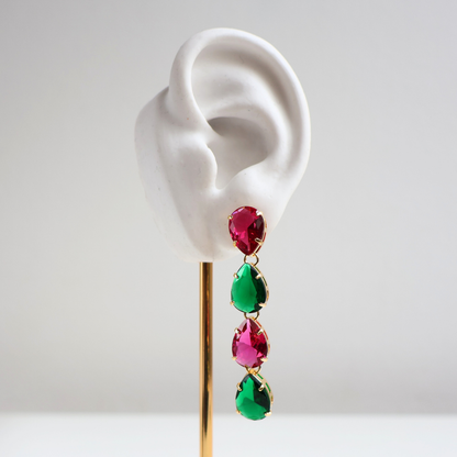 Brinco Dourado e Cristal Verde e Rosa - Semijoia