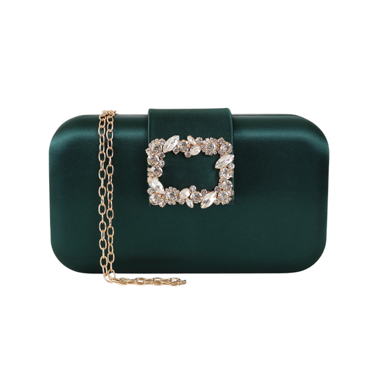 Bolsa Clutch Festa Cetim e Fecho de Pedraria Verde