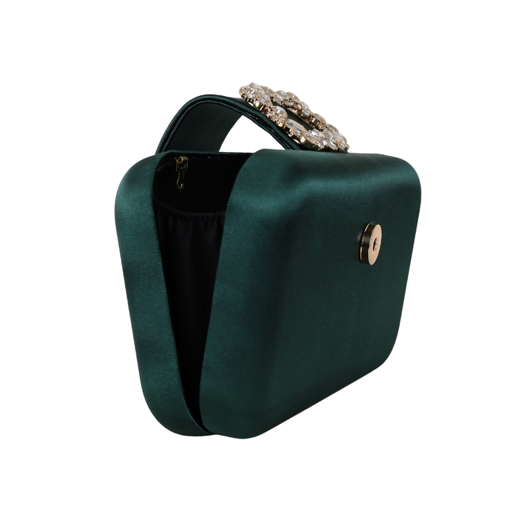 Bolsa Clutch Festa Cetim e Fecho de Pedraria Verde