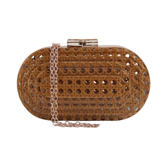Bolsa Festa Clutch Oval Acrílico e Palha da Índia Marrom