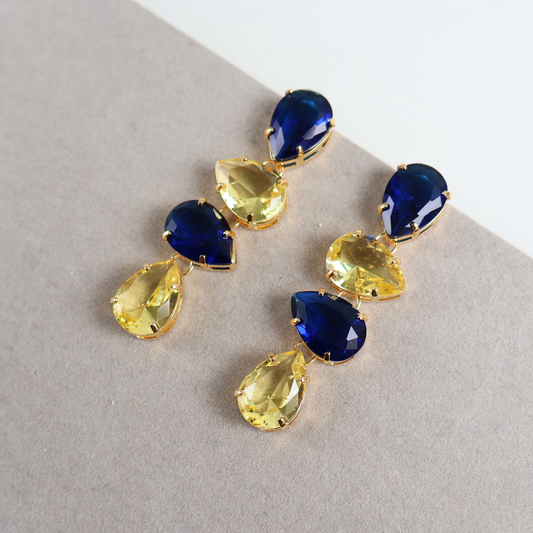 Brinco Dourado e Cristal Azul e Amarelo - Semijoia