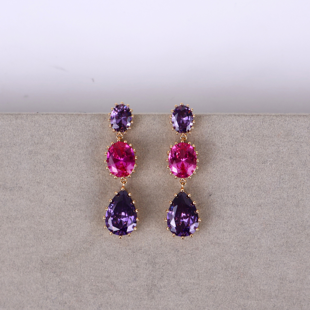 Brinco Dourado e Cristal Roxo e Rosa - Semijoia