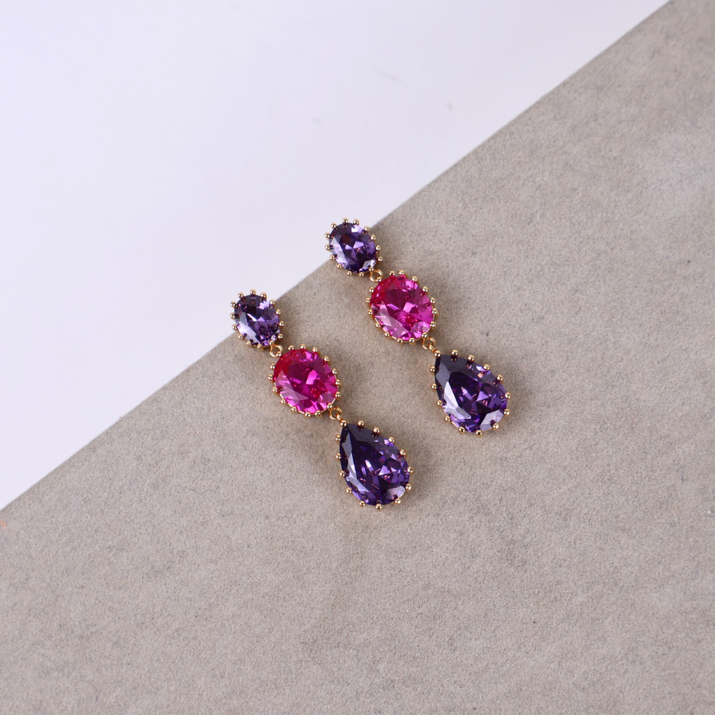 Brinco Dourado e Cristal Roxo e Rosa - Semijoia