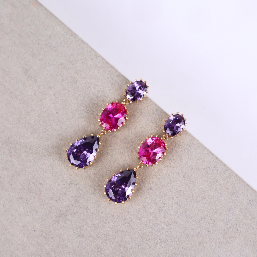 Brinco Dourado e Cristal Roxo e Rosa - Semijoia