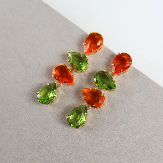 Brinco Dourado e Cristal Verde e Laranja - Semijoia