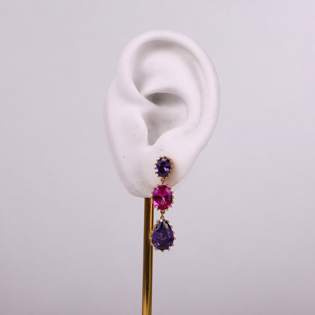 Brinco Dourado e Cristal Roxo e Rosa - Semijoia