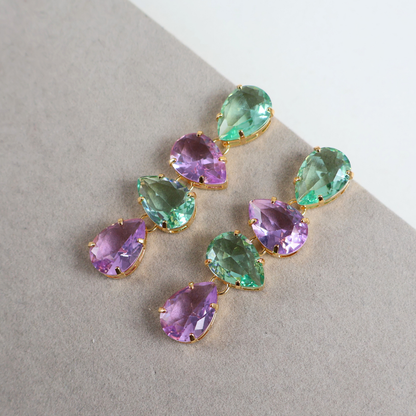 Brinco Dourado e Cristal Verde e Roxo - Semijoia