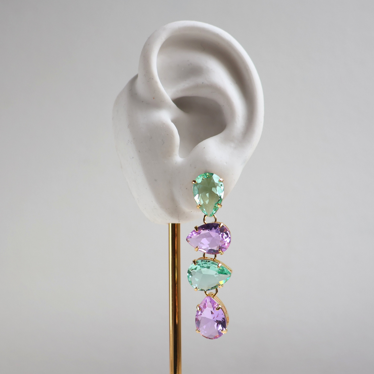 Brinco Dourado e Cristal Verde e Roxo - Semijoia