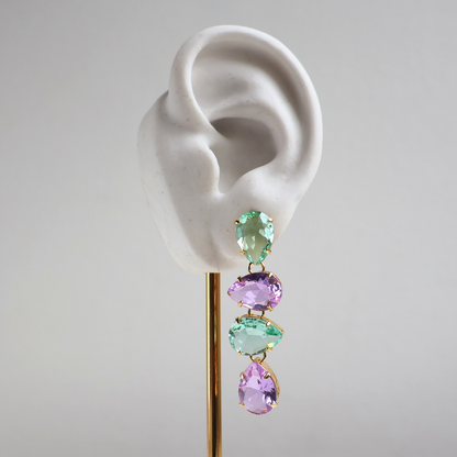 Brinco Dourado e Cristal Verde e Roxo - Semijoia