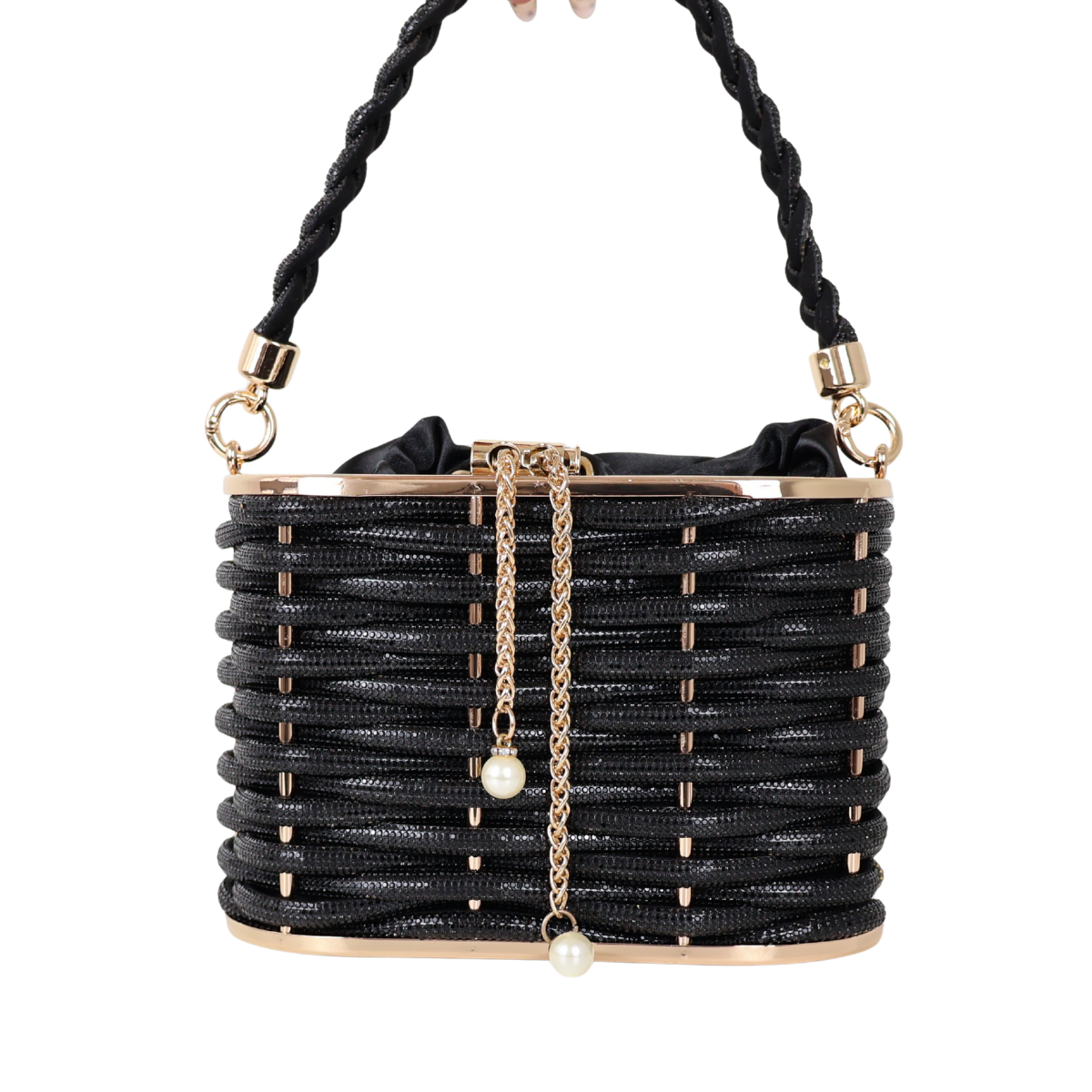 Bolsa de Mão Cesto em Pedraria Preta
