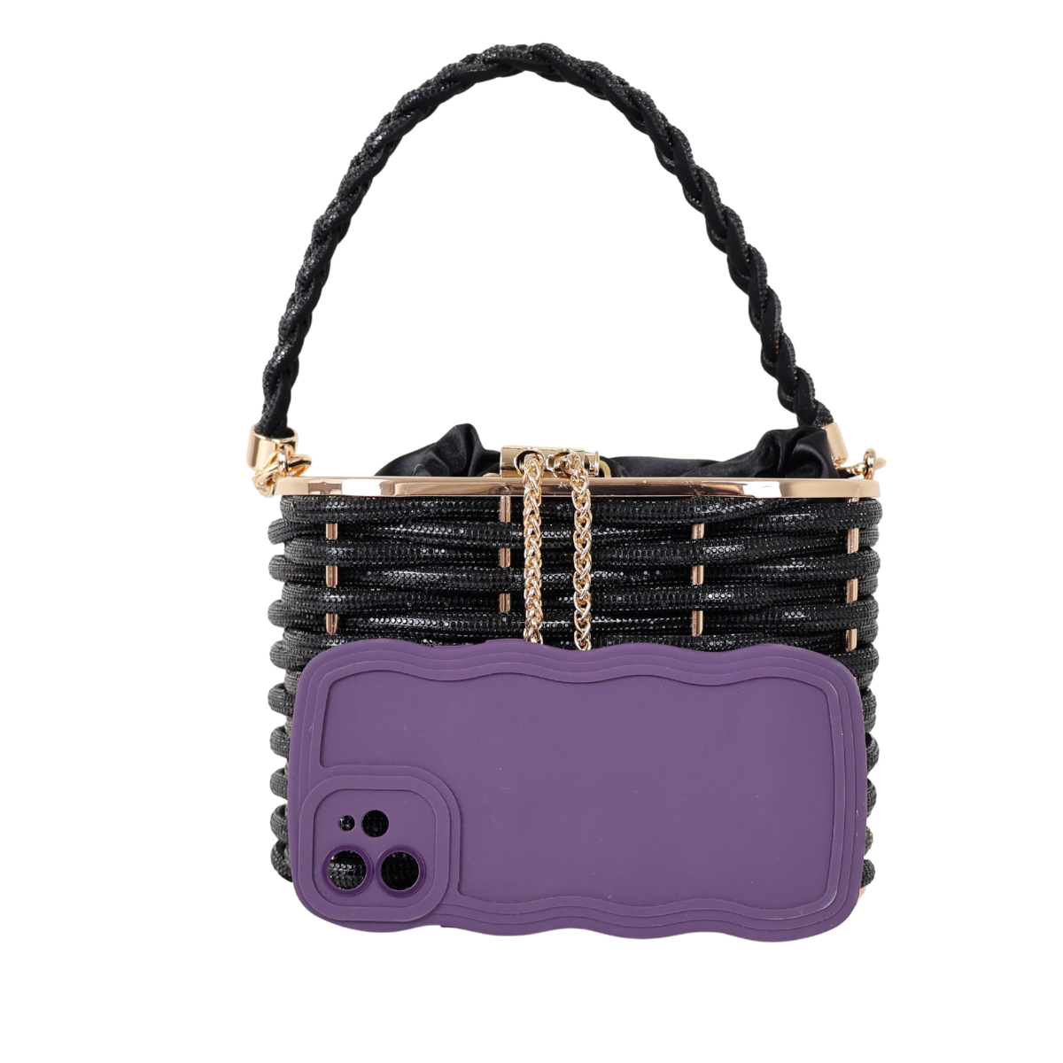 Bolsa de Mão Cesto em Pedraria Preta