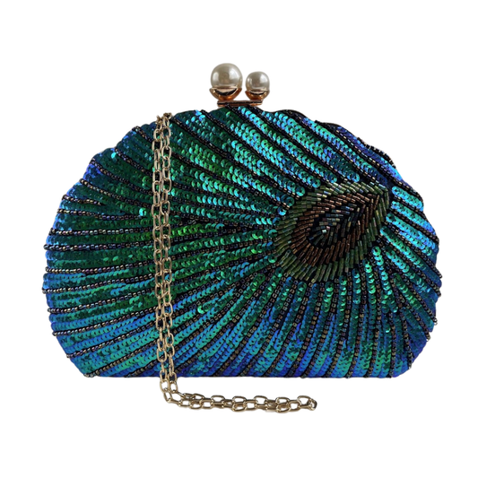 Bolsa de Festa Clutch Lantejoulas Pavão Azul e Verde