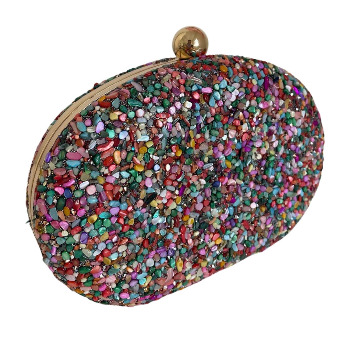 Bolsa Festa Clutch Pedraria Colorida Oval Ferragem Dourada