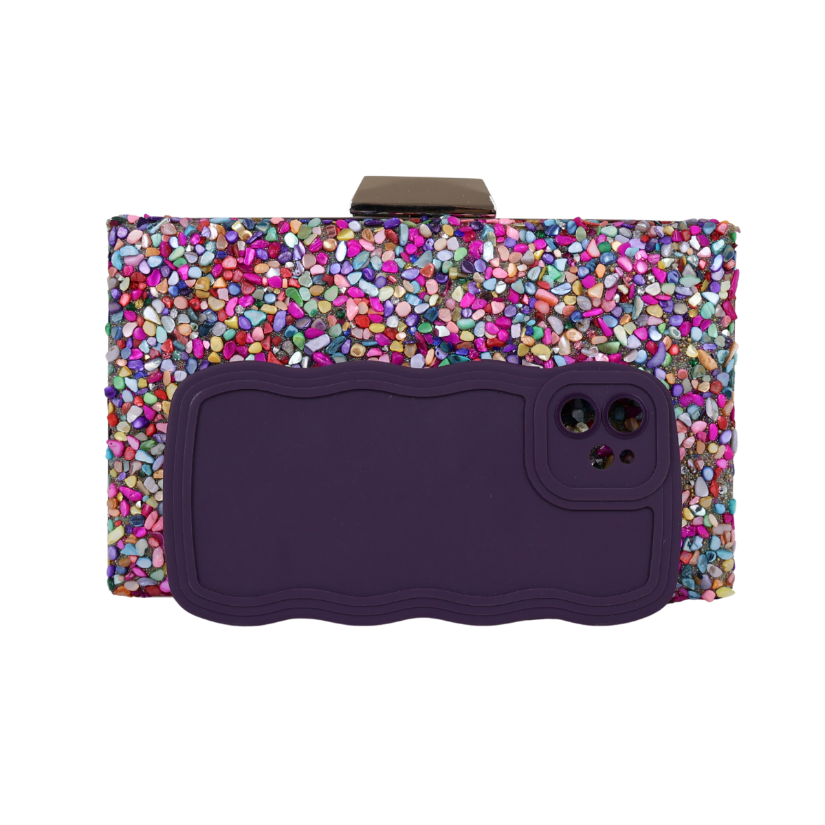 Bolsa de Festa Clutch Pedraria Colorida - Metal Prata