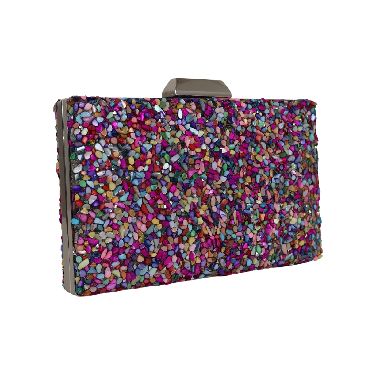 Bolsa de Festa Clutch Pedraria Colorida - Metal Prata