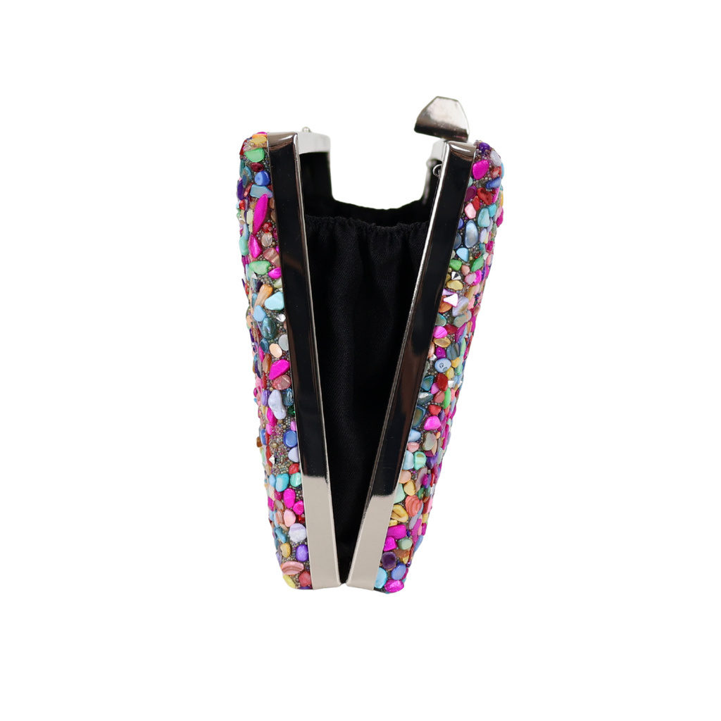 Bolsa de Festa Clutch Pedraria Colorida - Metal Prata