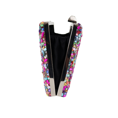 Bolsa de Festa Clutch Pedraria Colorida - Metal Prata