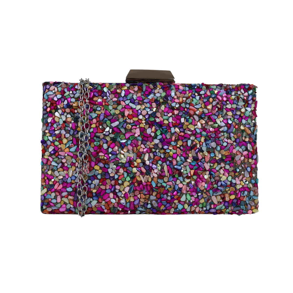 Bolsa de Festa Clutch Pedraria Colorida - Metal Prata