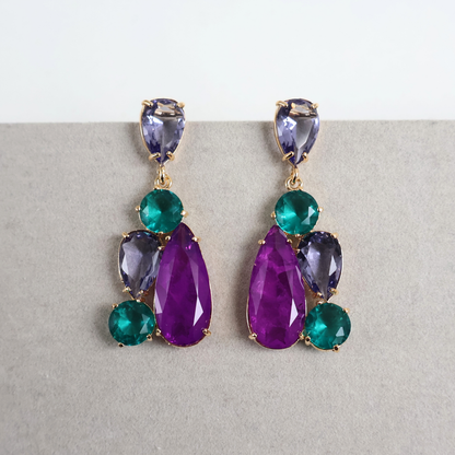 Brinco Dourado e Cristal Verde e Roxo - Semijoia