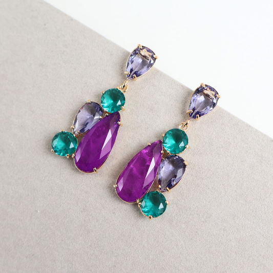 Brinco Dourado e Cristal Verde e Roxo - Semijoia