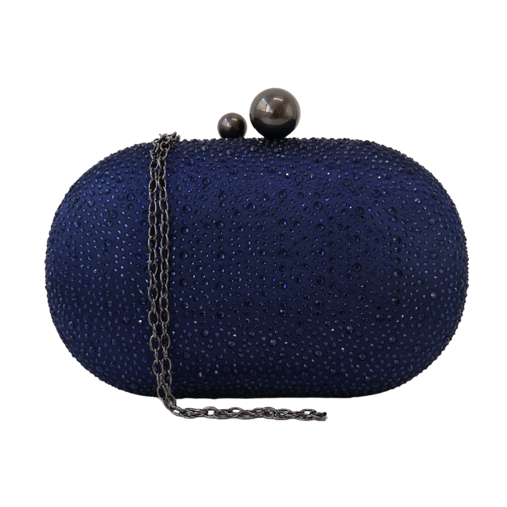 Bolsa Festa Clutch Pedraria Strass Oval Azul Marinho