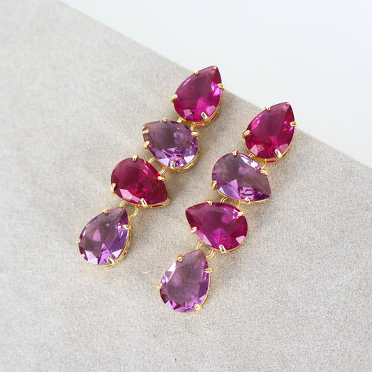 Brinco Dourado e Cristal Fúcsia e Lilás - Semijoia